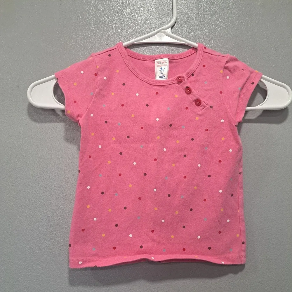 VTG Old‎ Navy Toddler 3T Girls Pink Polka Dot Short Sleeve Henley T-Shirt 2004